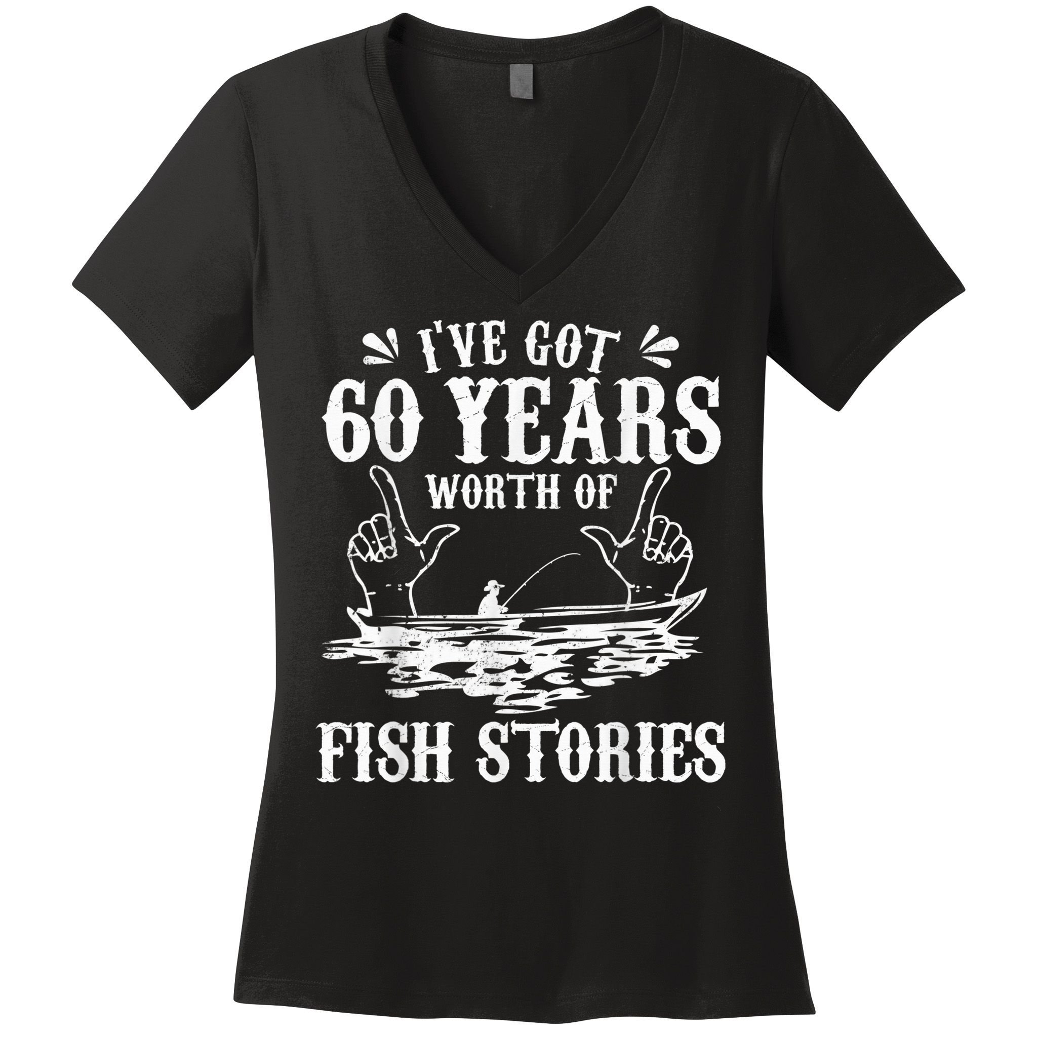 60th Birthday Fisherman  Funny Bass Fishing Gift Idea Women's V-Neck T-Shirt