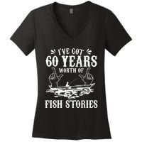 60th Birthday Fisherman  Funny Bass Fishing Gift Idea Women's V-Neck T-Shirt