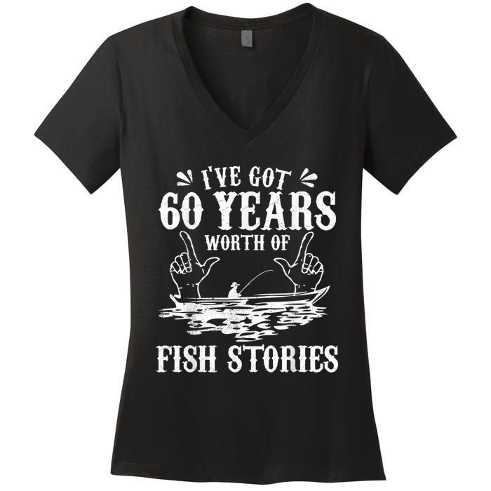 60th Birthday Fisherman  Funny Bass Fishing Gift Idea Women's V-Neck T-Shirt