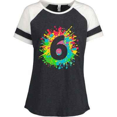 6th Birthday For, Number 6 In Paint Splashes Enza Ladies Jersey Colorblock Tee