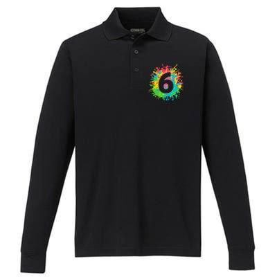 6th Birthday for girl, boy. 6, paint splashes tee. Performance Long Sleeve Polo