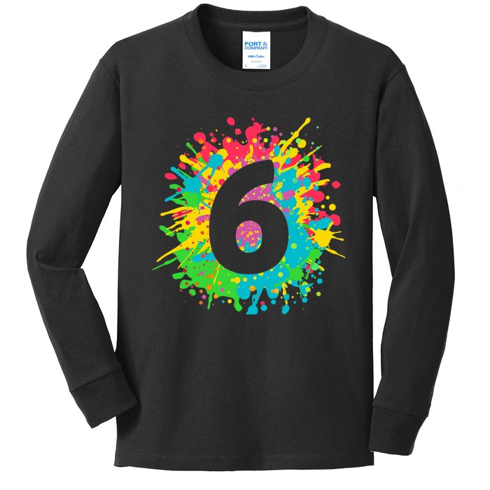 6th Birthday for girl, boy. 6, paint splashes tee. Kids Long Sleeve Shirt