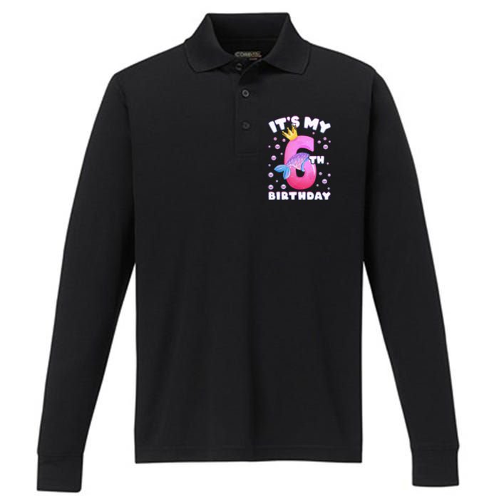 6th Birthday Girl Mermaid Fin Number 6 Performance Long Sleeve Polo