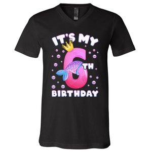 6th Birthday Girl Mermaid Fin Number 6 V-Neck T-Shirt