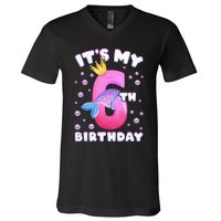 6th Birthday Girl Mermaid Fin Number 6 V-Neck T-Shirt