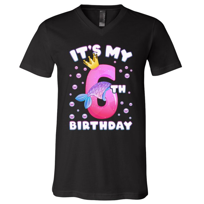 6th Birthday Girl Mermaid Fin Number 6 V-Neck T-Shirt