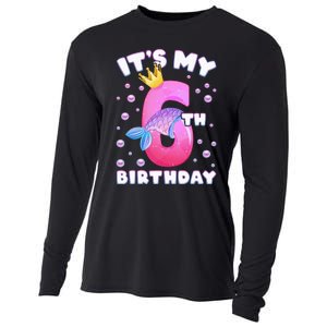 6th Birthday Girl Mermaid Fin Number 6 Cooling Performance Long Sleeve Crew