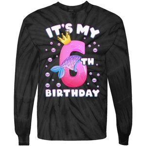 6th Birthday Girl Mermaid Fin Number 6 Tie-Dye Long Sleeve Shirt