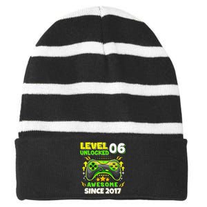 6th Birthday Gifts Level 6 Unlocked 6 Years Old Gamer Cute Striped Beanie with Solid Band