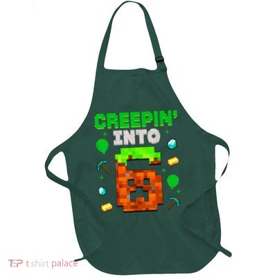 6th Birthday Gamer Pixel Style Creepin’ Into 6 Video Game Party Full-Length Apron With Pockets