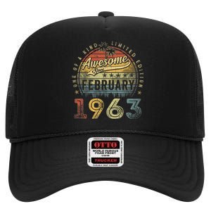 60th Birthday Gift Awesome Since February 1963 60 Year Old High Crown Mesh Back Trucker Hat