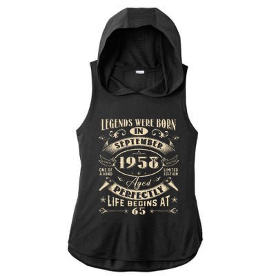 65th Birthday Gift 65 Years Old Legends Born September 1958 Ladies PosiCharge Tri-Blend Wicking Draft Hoodie Tank