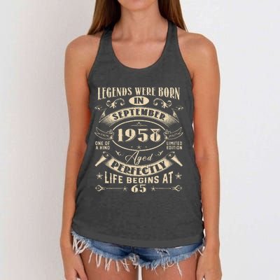 65th Birthday Gift 65 Years Old Legends Born September 1958 Women's Knotted Racerback Tank