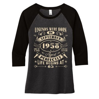 65th Birthday Gift 65 Years Old Legends Born September 1958 Women's Tri-Blend 3/4-Sleeve Raglan Shirt