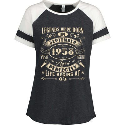 65th Birthday Gift 65 Years Old Legends Born September 1958 Enza Ladies Jersey Colorblock Tee