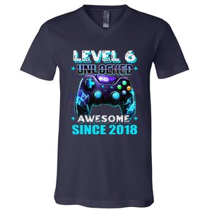 6th Birthday Gamer 6 Year Old Funny Bday Boy Six Son V-Neck T-Shirt