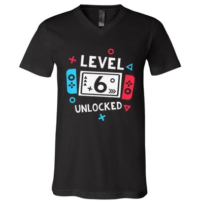 6th Birthday Level 6 Unlocked Video Game Party V-Neck T-Shirt