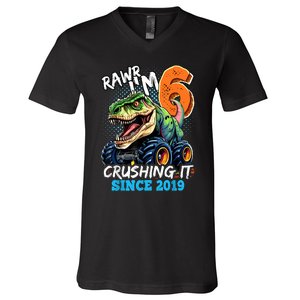 6th Birthday Monster Truck Dinosaur Party Boy Rawr IM 6 V-Neck T-Shirt