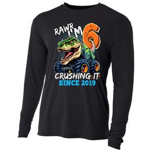 6th Birthday Monster Truck Dinosaur Party Boy Rawr IM 6 Cooling Performance Long Sleeve Crew