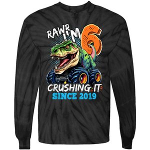 6th Birthday Monster Truck Dinosaur Party Boy Rawr IM 6 Tie-Dye Long Sleeve Shirt