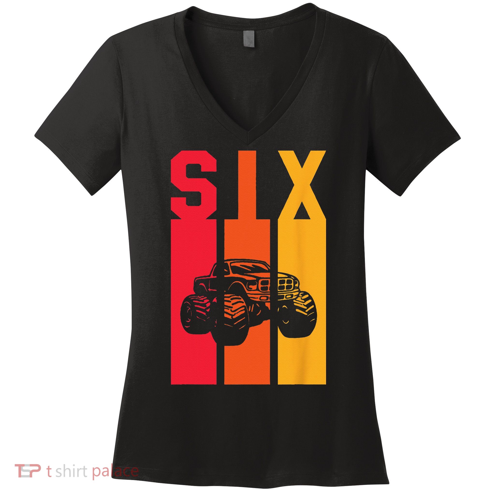 6th Birthday Retro Monster Truck 6 Years Old Women's V-Neck T-Shirt