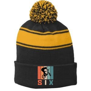 6th Birthday Retro Bmx Bicycle Bike Boy 6 Years Old Stripe Pom Pom Beanie