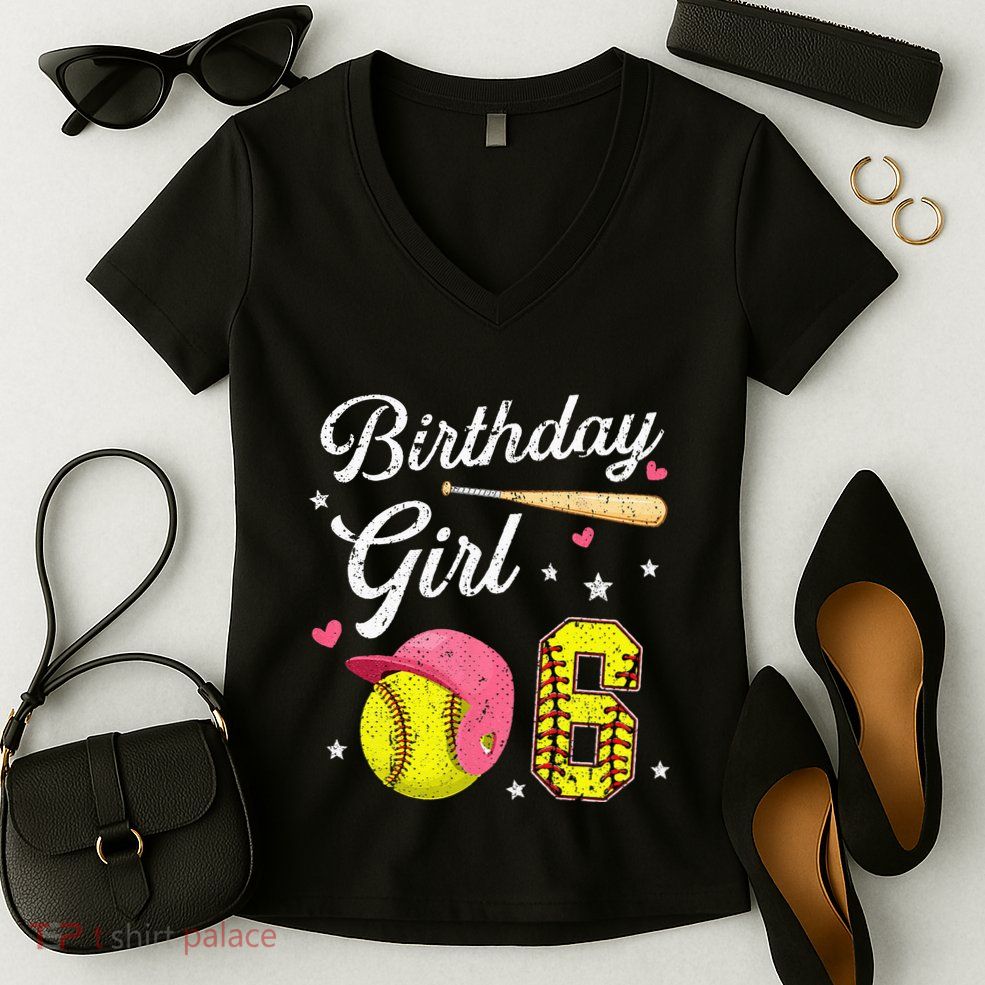 6th Birthday Softball Player Themed Six 6 Years Old Women's V-Neck T-Shirt