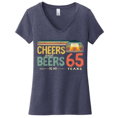 65th Birthday Shirt Funny Cheers And Beers To 65 Years Old Women's V-Neck T-Shirt