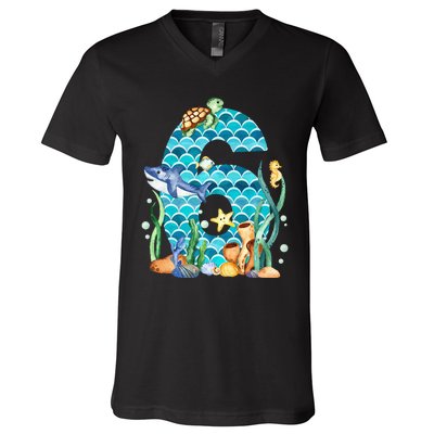 6th Birthday Sea Fish Ocean Animals Aquarium 6 Year Old V-Neck T-Shirt