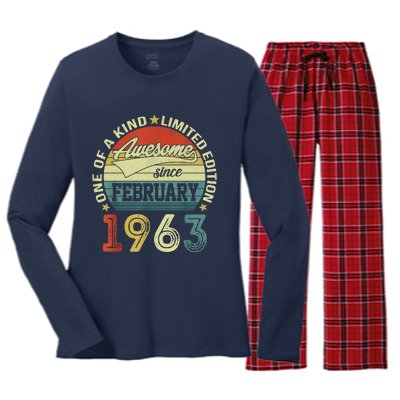 60th Birthday Tees 60 Year Old Awesome Since February 1963 Women's Long Sleeve Flannel Pajama Set 