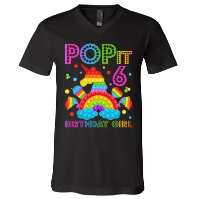 6th Birthday Unicorn Fidget Pop It Birthday 6 Year Old V-Neck T-Shirt