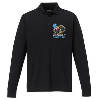 6 Crushing It Since 2017 Monster Truck 6th Birthday Performance Long Sleeve Polo