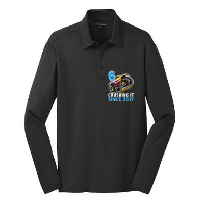 6 Crushing It Since 2017 Monster Truck 6th Birthday Silk Touch Performance Long Sleeve Polo