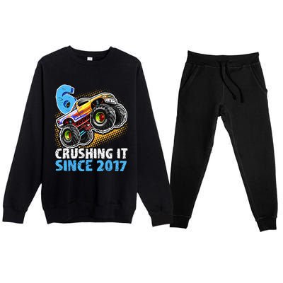 6 Crushing It Since 2017 Monster Truck 6th Birthday Premium Crewneck Sweatsuit Set