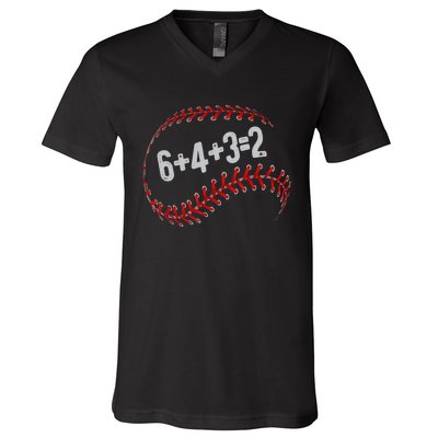 6+4+3=2 Double Play Baseball Player Fun Baseball Saying V-Neck T-Shirt