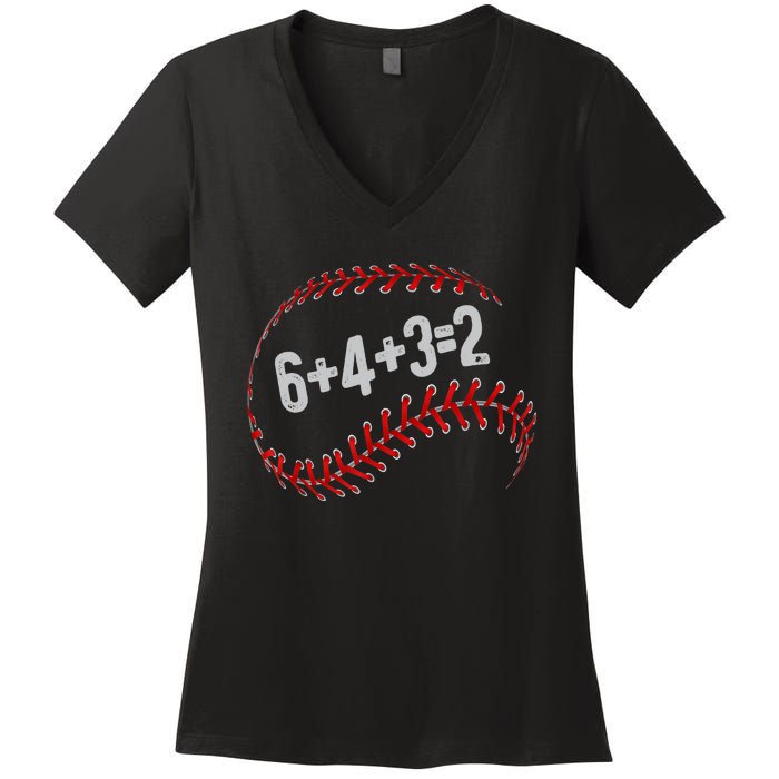 6+4+3=2 Double Play Baseball Player Fun Baseball Saying Women's V-Neck T-Shirt