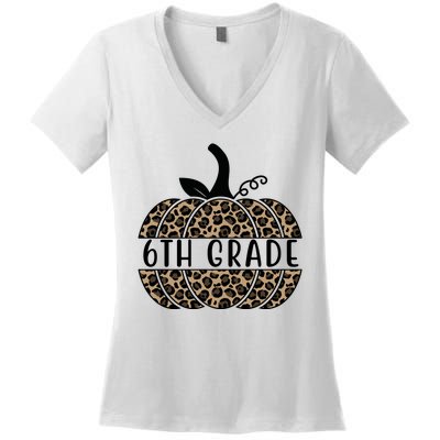 6th Grade Leopard Pumpkin Women's V-Neck T-Shirt