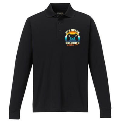 6Th Grade Unlocked Level Up Gamer Back To School Sixth Grade Gift Performance Long Sleeve Polo