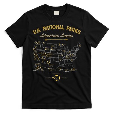 63 National Parks Map Us Park Retro Vintage Camping Hiking T-Shirt