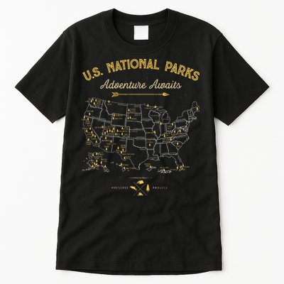 63 National Parks Map Us Park Retro Vintage Camping Hiking Tall T-Shirt