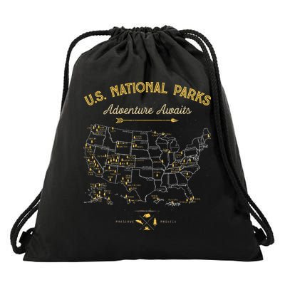 63 National Parks Map Us Park Retro Vintage Camping Hiking Drawstring Bag