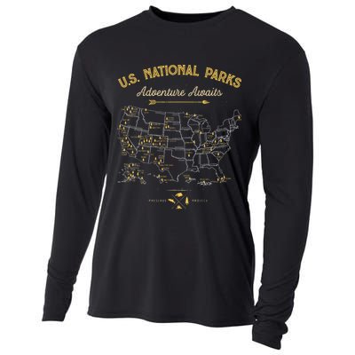 63 National Parks Map Us Park Retro Vintage Camping Hiking Cooling Performance Long Sleeve Crew