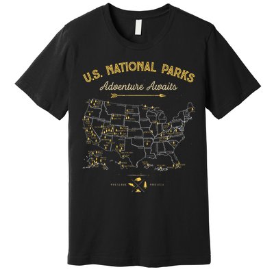 63 National Parks Map Us Park Retro Vintage Camping Hiking Premium T-Shirt
