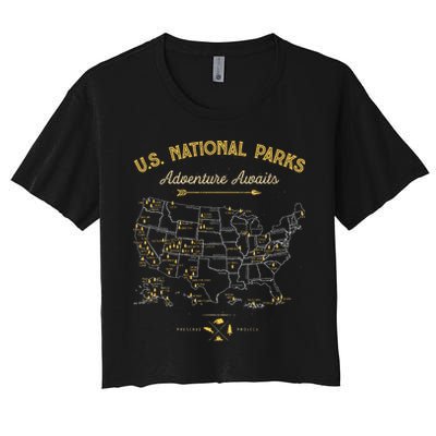 63 National Parks Map Us Park Retro Vintage Camping Hiking Crop Top