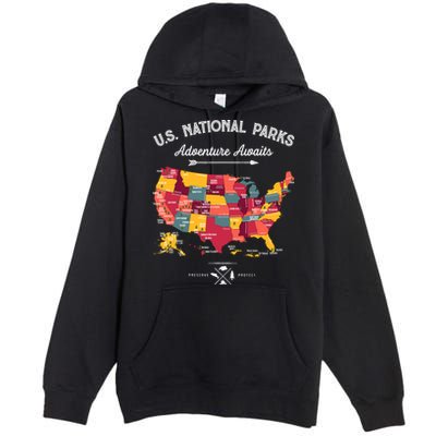 63 National Parks Map Us Park Retro Vintage Camping Hiking Premium Pullover Hoodie