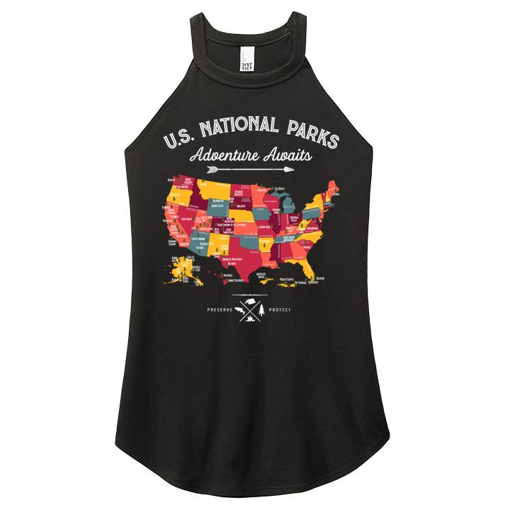 63 National Parks Map Us Park Retro Vintage Camping Hiking Women's Perfect Tri Rocker Tank