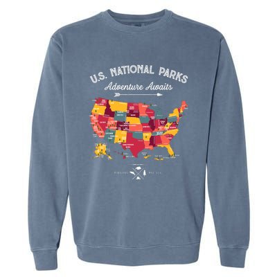 63 National Parks Map Us Park Retro Vintage Camping Hiking Garment-Dyed Sweatshirt