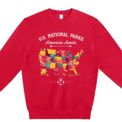 63 National Parks Map Us Park Retro Vintage Camping Hiking Premium Crewneck Sweatshirt