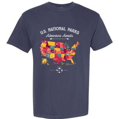 63 National Parks Map Us Park Retro Vintage Camping Hiking Garment-Dyed Heavyweight T-Shirt