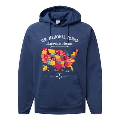 63 National Parks Map Us Park Retro Vintage Camping Hiking Performance Fleece Hoodie